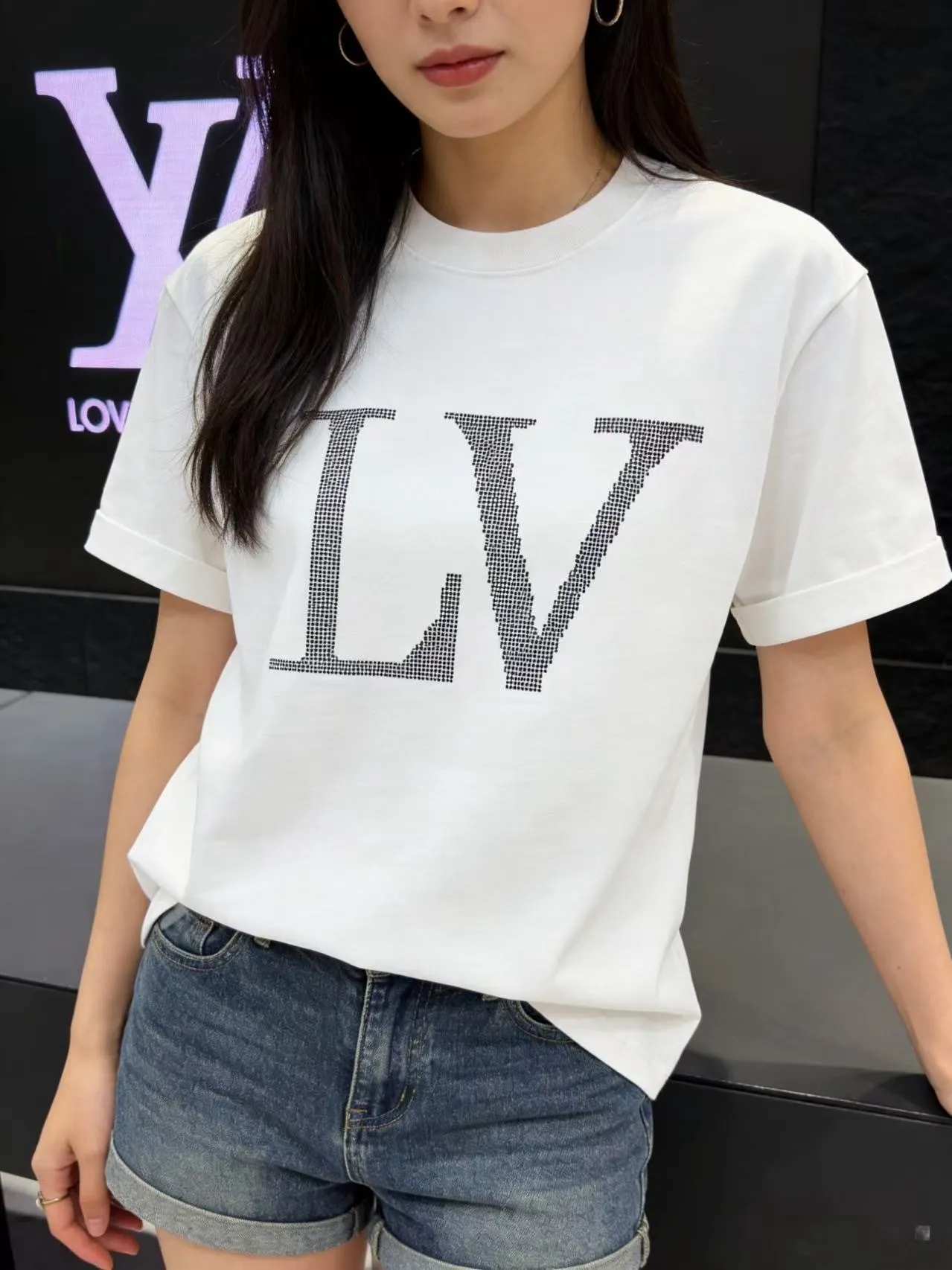 Louis Vuitton/Louis Vuitton 26ss hot diamond large letters logo short sleeves